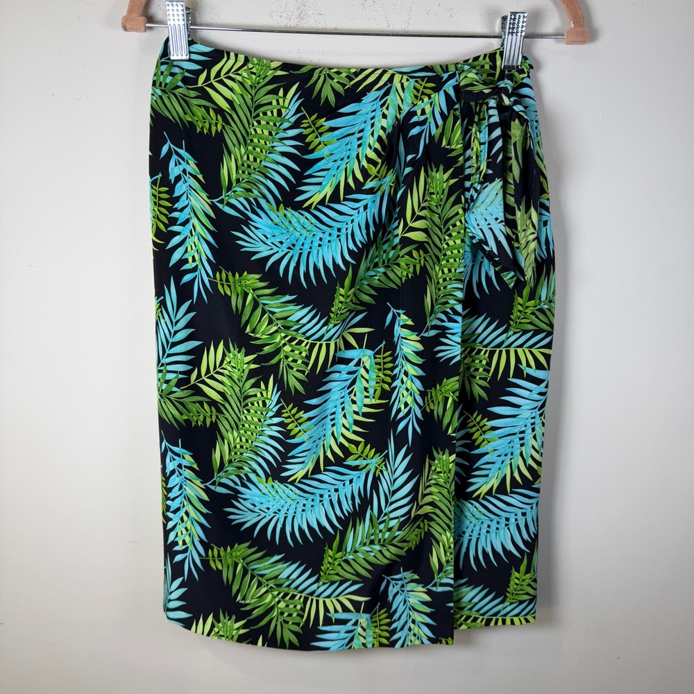 100% Silk Coldwater Creek Faux Wrap Skirt Tropical Leaf Black Teal Beachy Sz 4
